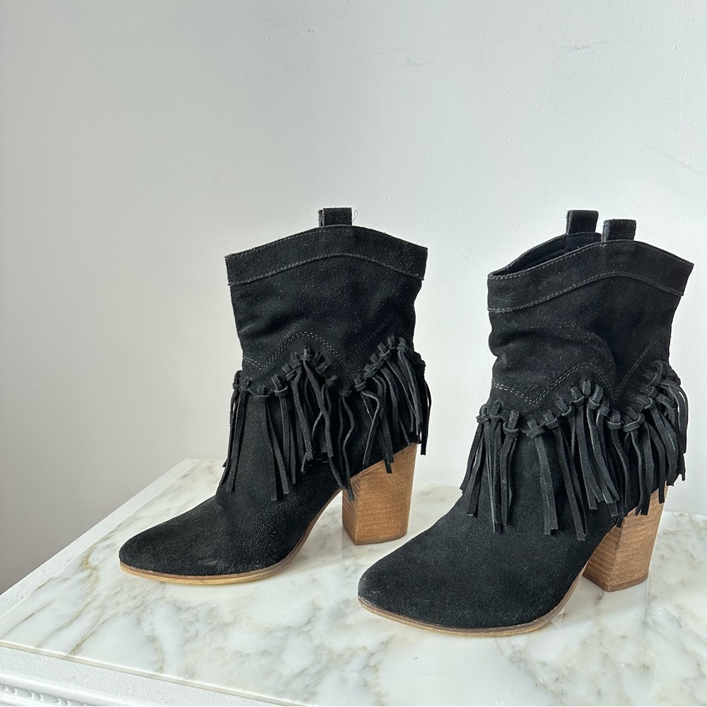 Black Fringe Suede Western Block Heel Boots - Women